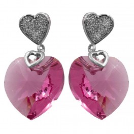 Серьги-гвоздики родий Swarovski Объемное сердце-камень на металлическом сердечке в мелких камнях
