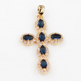 Кулон Крестик с синими цирконами  лимонная позолота 371185(2)