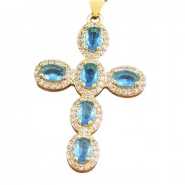 Кулон Крестик с голубым цирконами лимонная позолота 371185(2)
