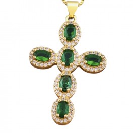 Кулон Крестик с зелеными цирконами  лимонная позолота 371185(2)