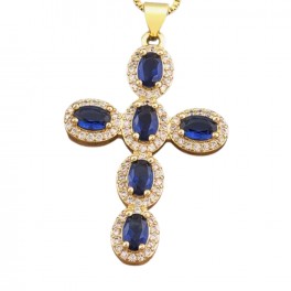 Кулон Крестик с синими цирконами  лимонная позолота 371185(2)